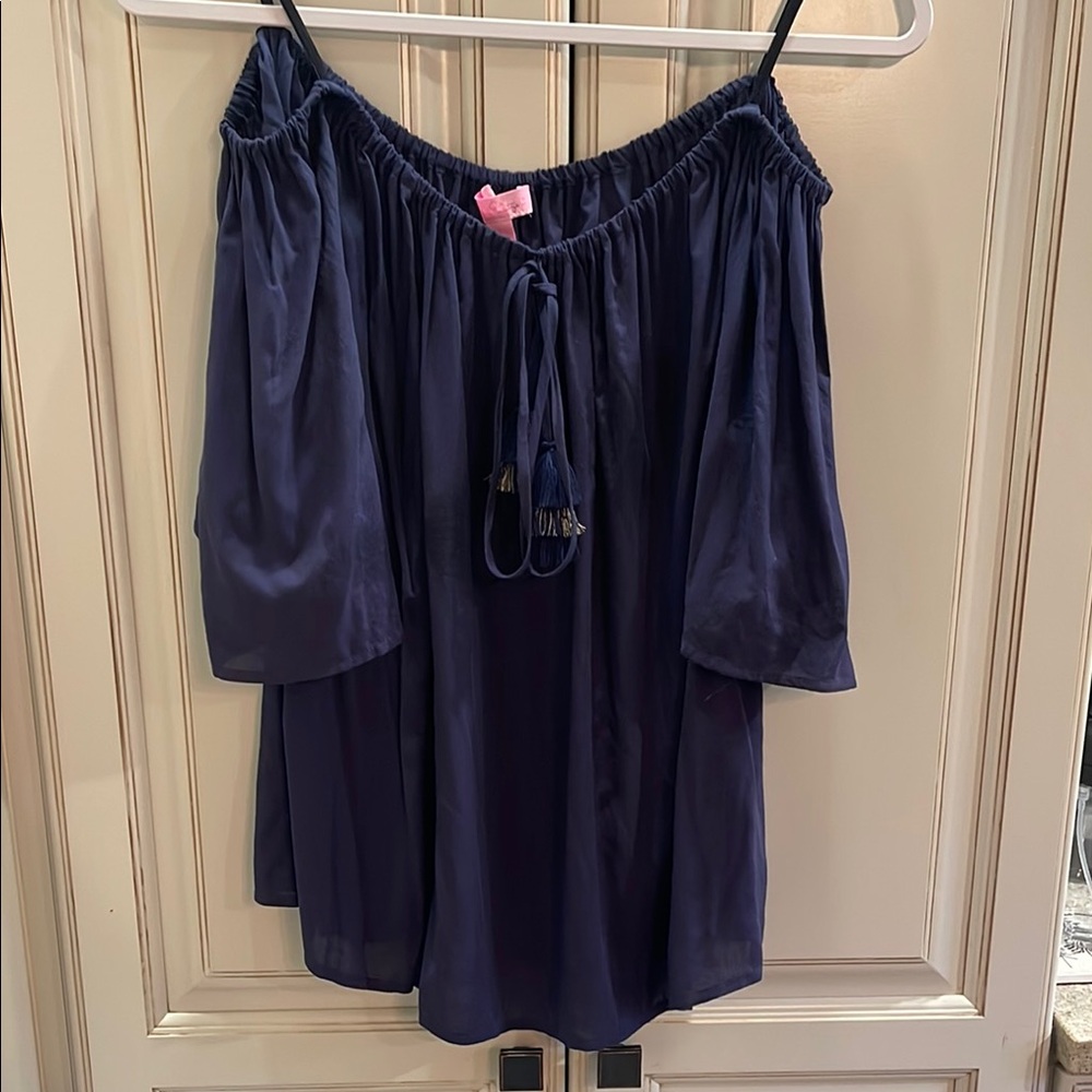 Lilly Pulitzer Navy with Gold Accent Off-the-Shoulder Blouse Top Tie Front Large